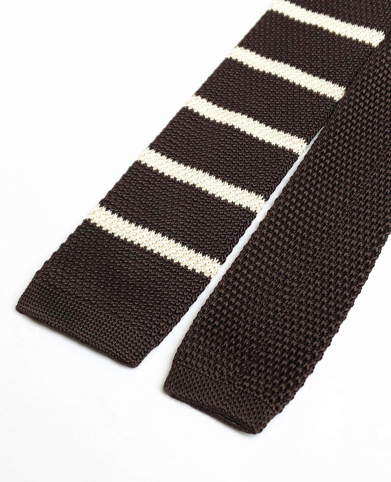 Secdtie Men's Big Boys Preppy Wide Briton Stripe Dark Brown Knitted Tie White Novelty Necktie with Flat Bottom - Image 3